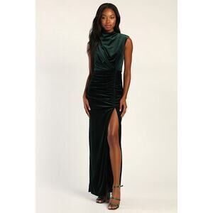 Lulus Alluring Image Emerald Ruched Velvet Mock Neck Maxi Dress Green - Size XS